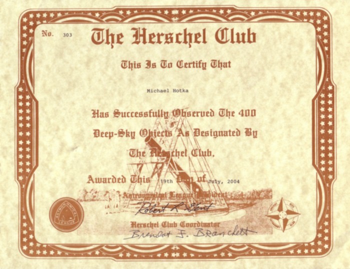 Picture of Herschel 400 Certificate